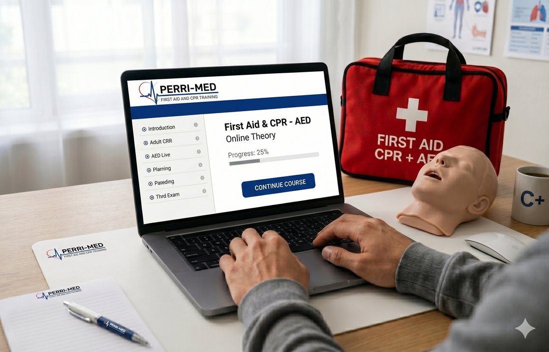 Blended Learning online theory shown on a laptop beside a first aid kit and CPR manikin
