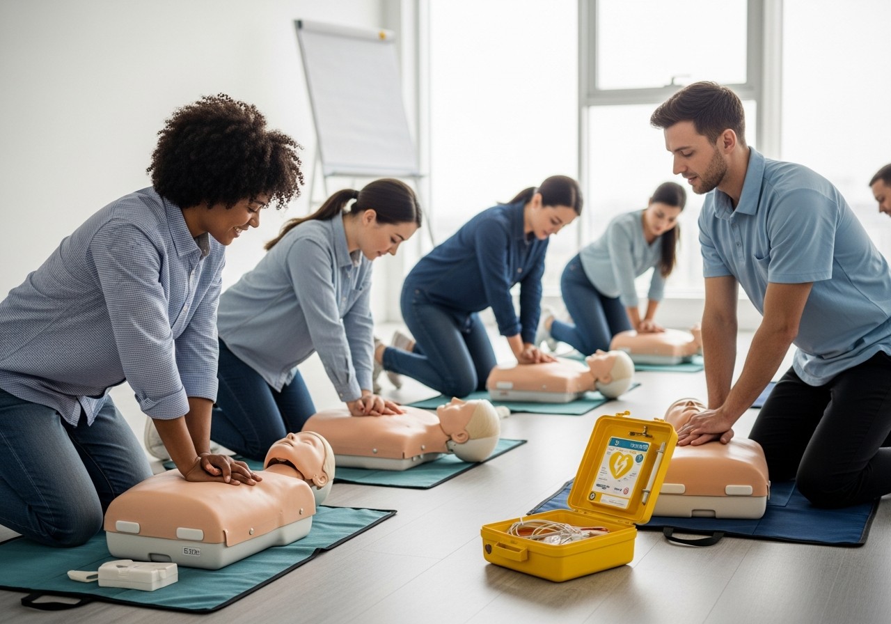 Students practicing CPR and first aid skills in an in-class session